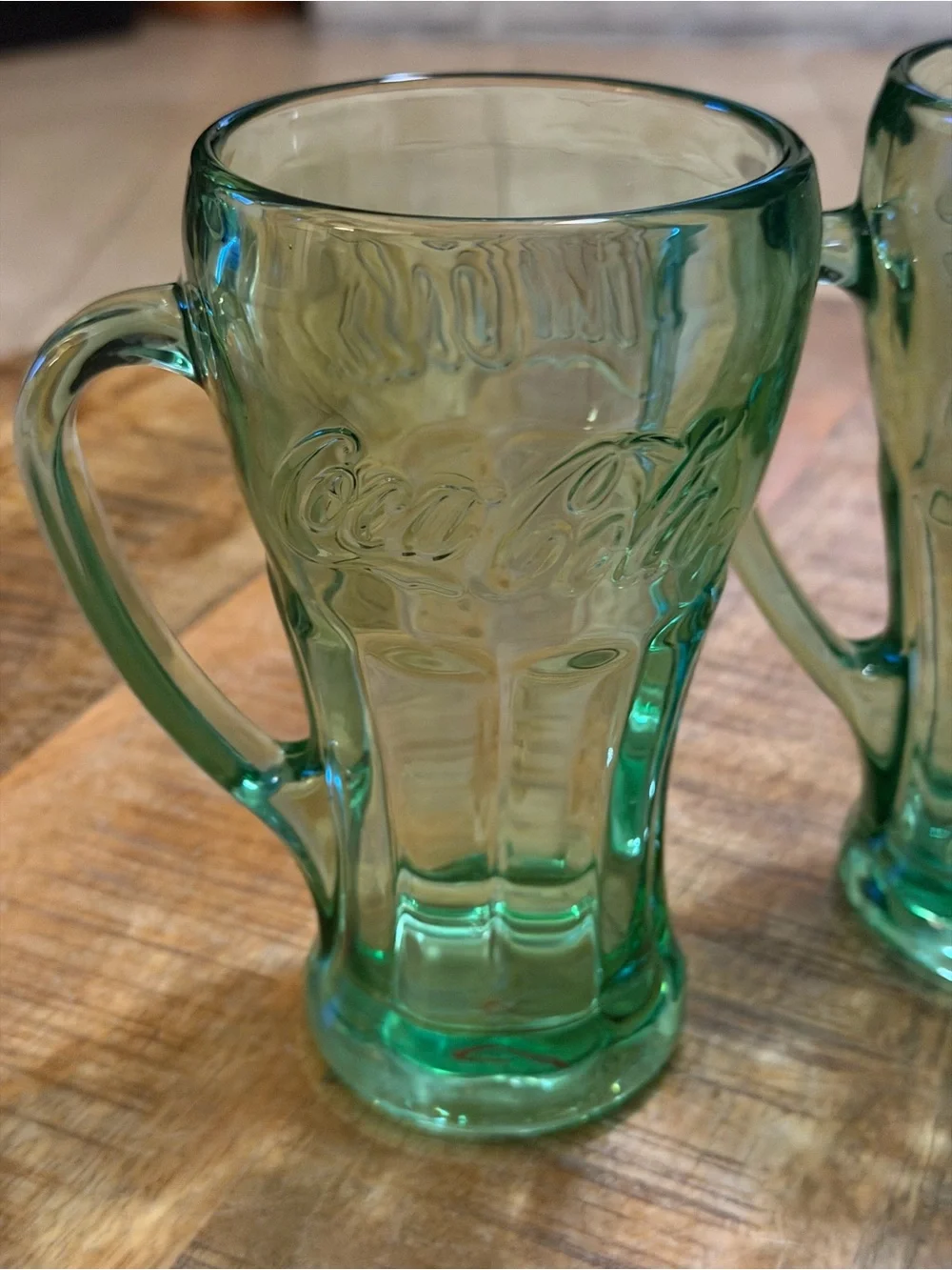2 Vtg LIBBEY Coca Cola Coke Logo Heavy Green Glass Mugs With Handle Drink ware